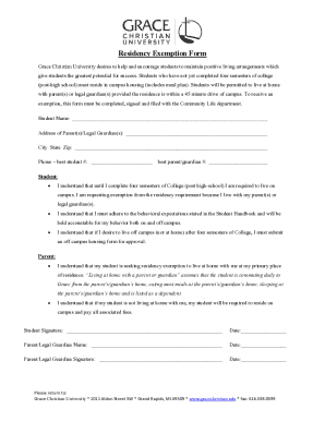 Fillable Online Residency Exemption FormGrace Christian University Fax ...