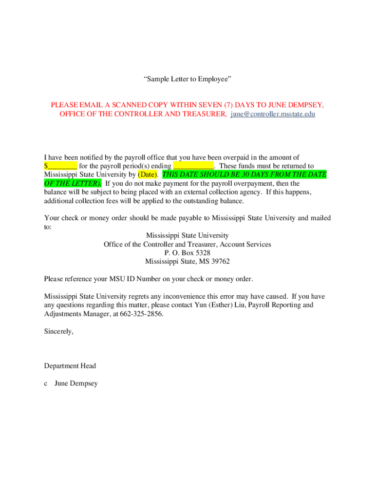 Fillable Online Overpayment Sample Letter Fax Email Print pdfFiller