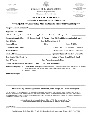 Privacy Release Form for Expedited Passport Processing