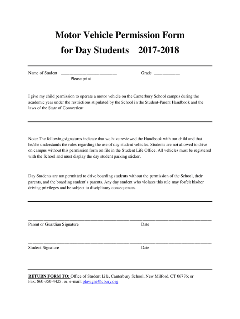 Fillable Online Motor Vehicle Permission Form for Day Students 2017-2018 Fax Email Print - pdfFiller
