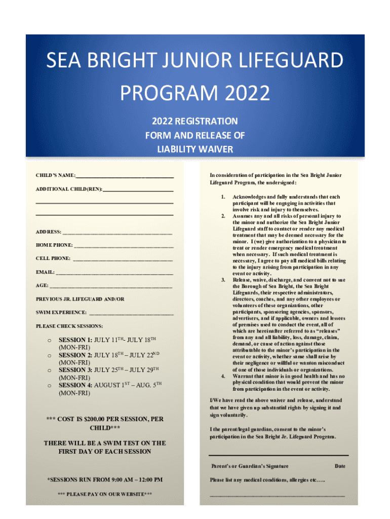 Fillable Online Sea Bright Junior Lifeguard Registration and Waiver
