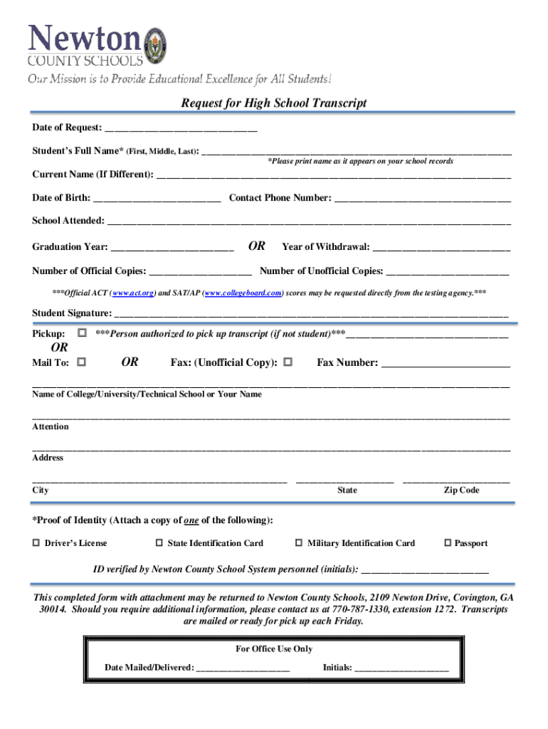 Fillable Online Request for High School Transcript. Request for High ...
