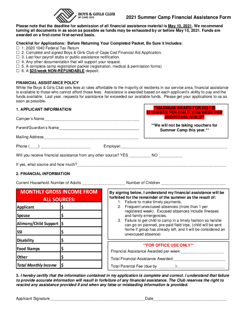 Fillable Online BOYS & GIRLS CLUB OF CAPE COD FINANCIAL AID Fax