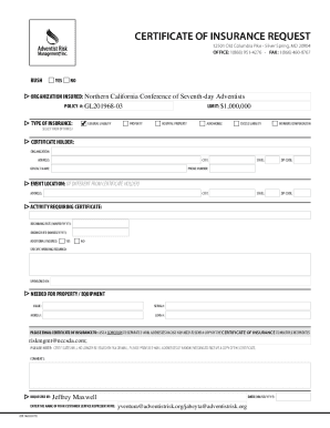 CERTIFICATE OF INSURANCE REQUEST - NCCSDA