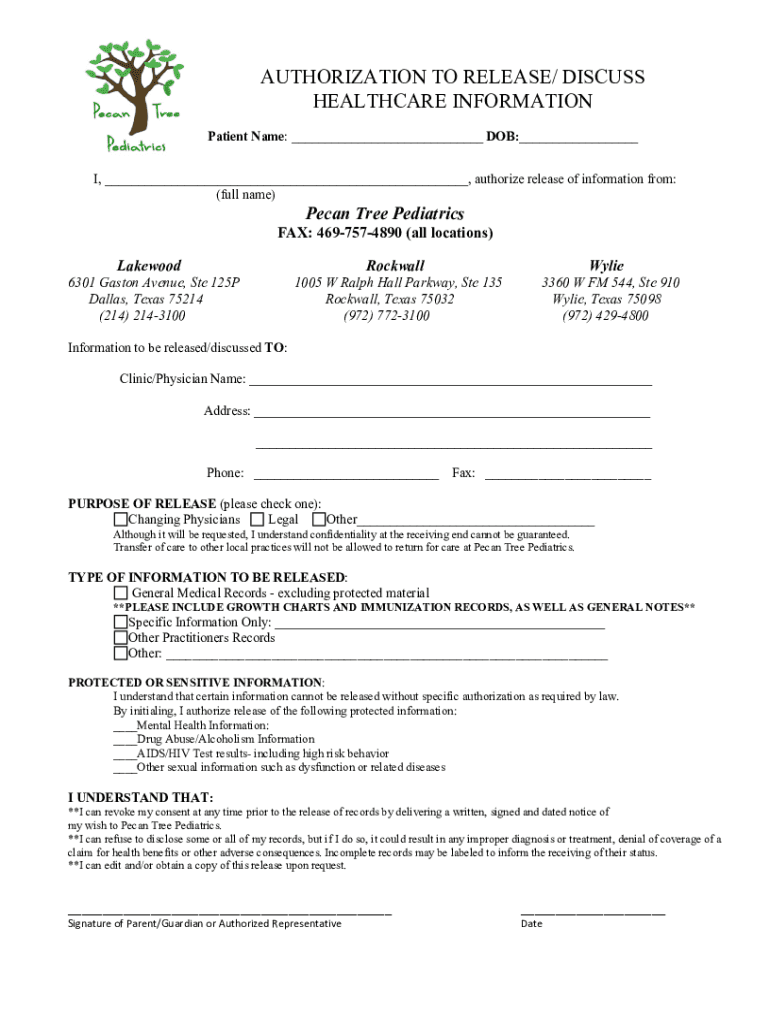 Fillable Online AUTHORIZATION TO RELEASE Pecan Tree Pediatrics Fax