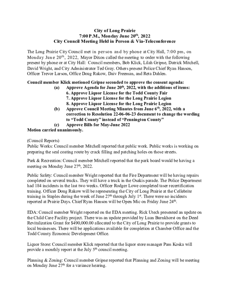 Fillable Online City of Long Prairie 700 P.M., Monday 6, 2022 City