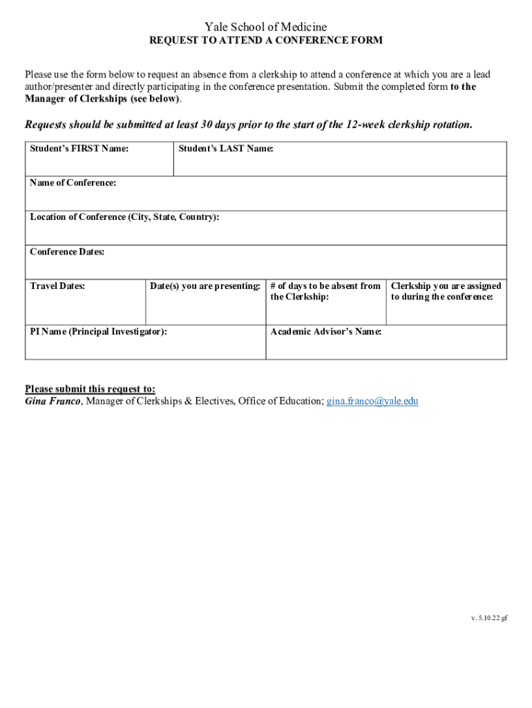 Fillable Online medicine yale Request for Conference Absence from a