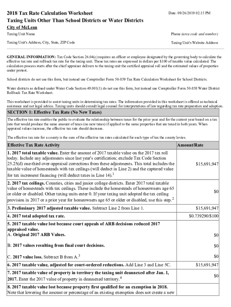Fillable Online 2022 Tax Rate Calculation Worksheet Taxing Units Fax