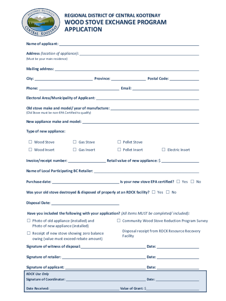 Fillable Online WOOD STOVE EXCHANGE PROGRAM APPLICATION Fax Email Print