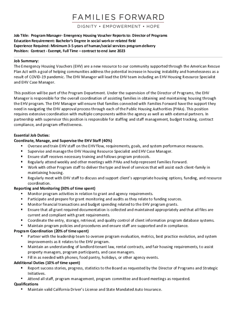 Fillable Online The Emergency Housing Vouchers (EHV) are a new resource Fax Email Print