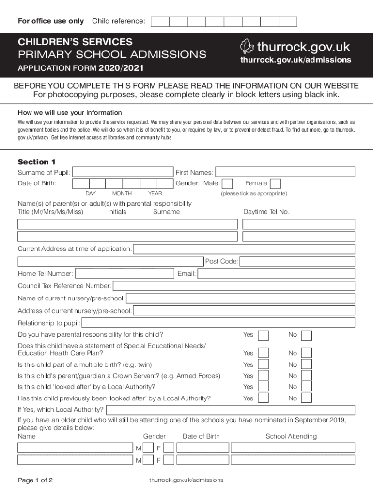 Fillable Online Thurrock Council Primary school admissions form, 2020