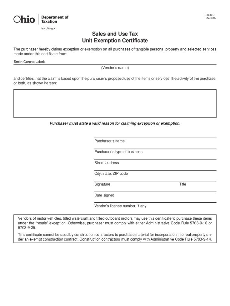 Fillable Online Smith Corona Sales and Use Tax Unit Exemption