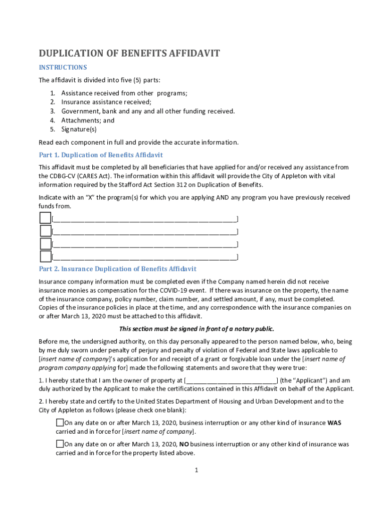 Fillable Online DUPLICATION OF BENEFITS AFFIDAVIT WWBIC Fax Email