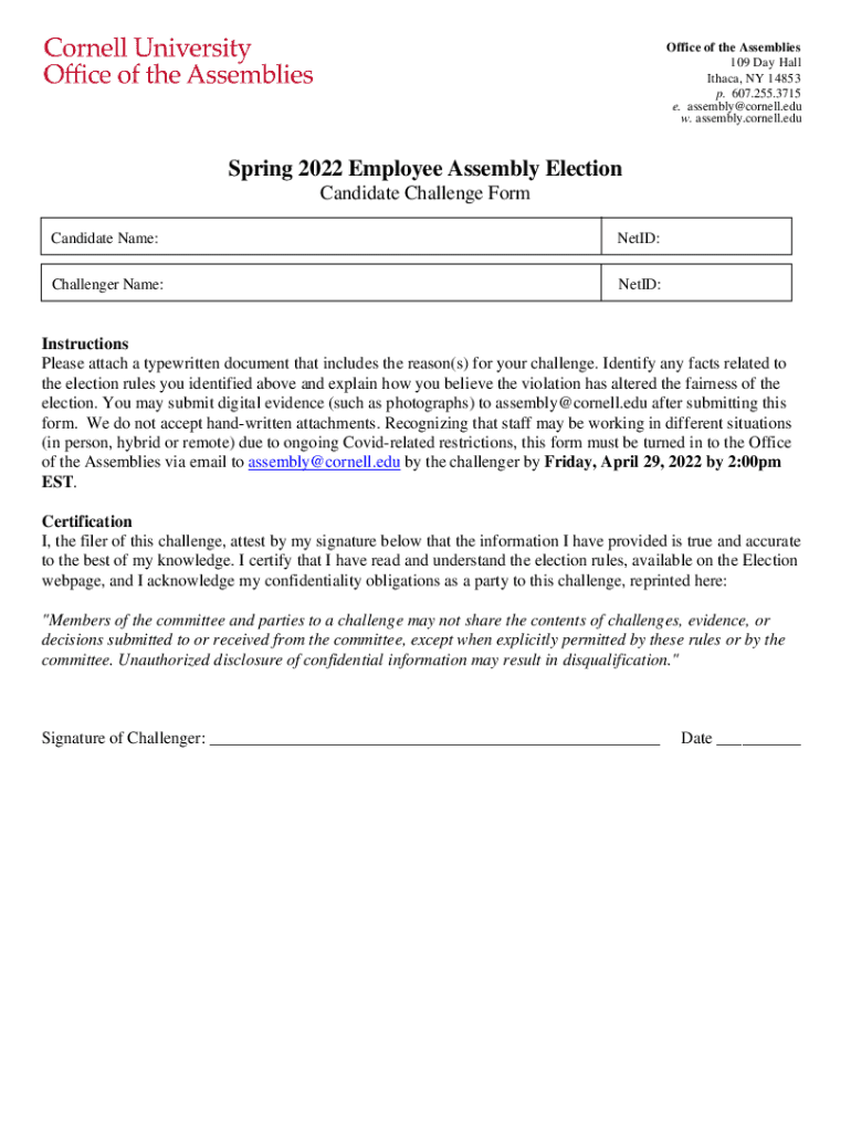 Fillable Online assembly cornell Fall 2021 Employee Assembly Candidate