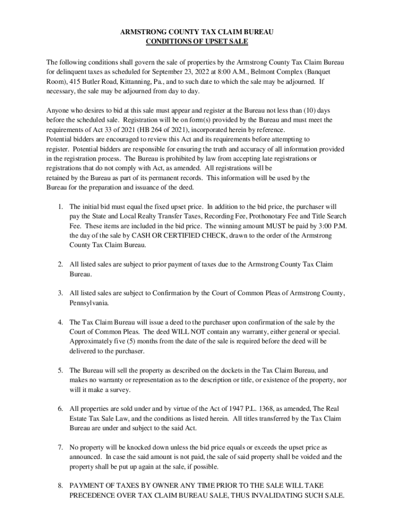 Fillable Online co armstrong pa Armstrong County Tax Claim Bureau Conditions of Upset Sale Fax