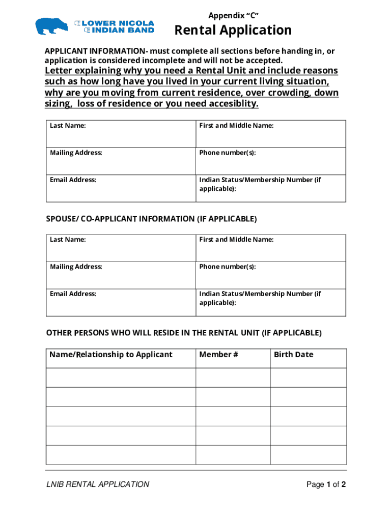 Fillable Online Rental Application Lower Nicola Indian Band Fax Email