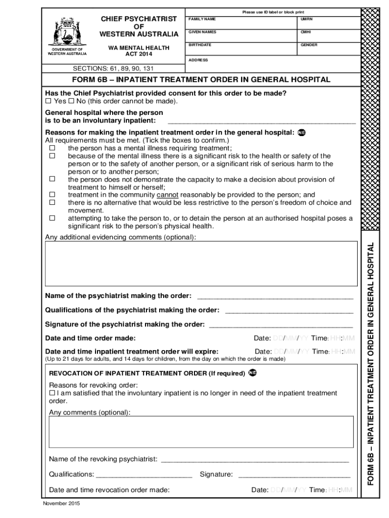Fillable Online FORM 6BINPATIENT TREATMENT ORDER IN GENERAL ... Fax ...