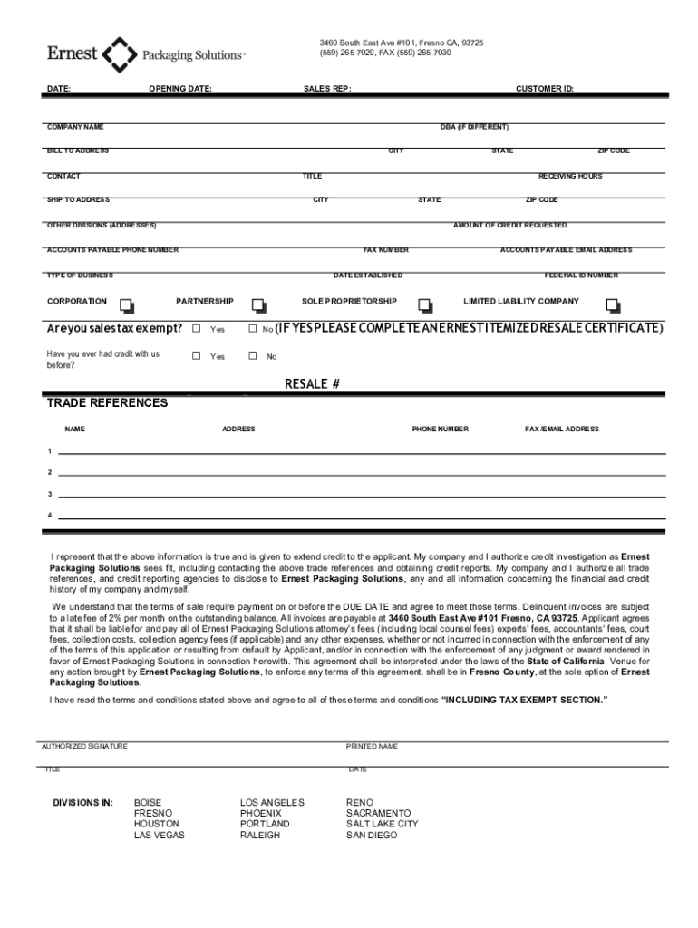 Fillable Online Ernest Packaging Solutions, 3460 S East Ave, Fresno, CA