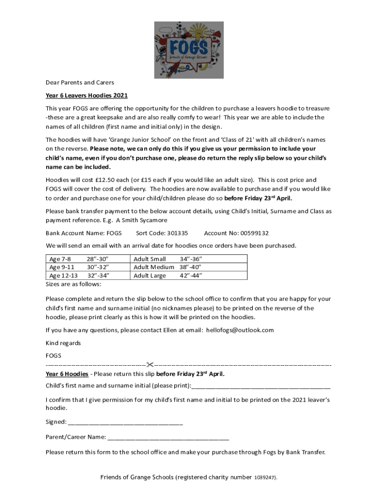 Fillable Online Dear Parents and Carers Year 6 Leavers Hoodies This year Fax Email Print