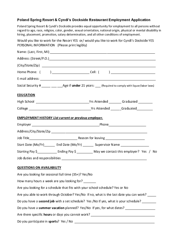 Fillable Online Poland Spring Resort & Cyndi's Dockside Restaurant