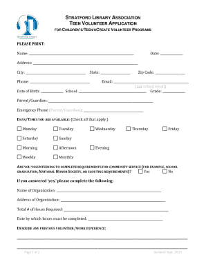 stratford library association teen volunteer application