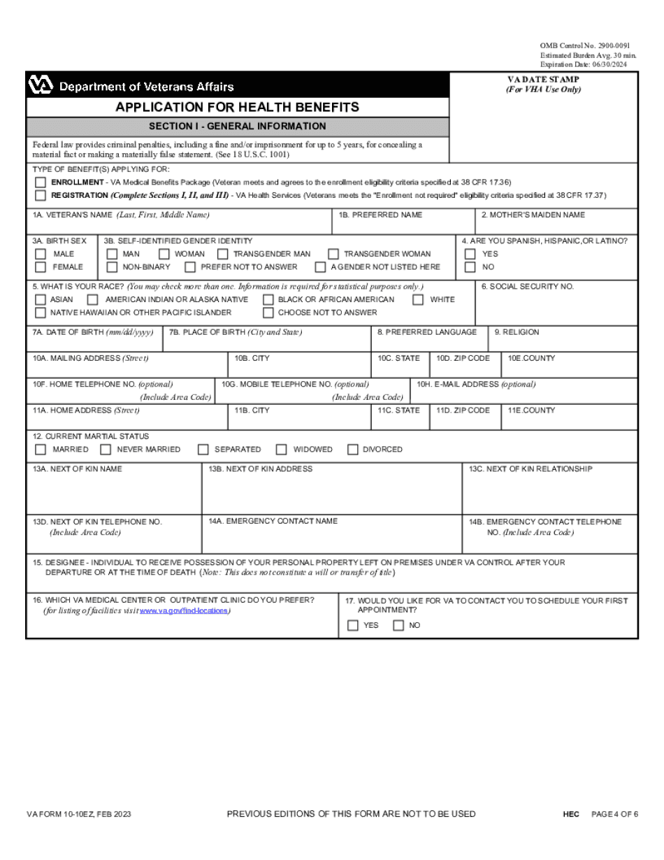 Va Form 10-10Ezr - Veterans Affairs