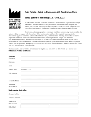 Fillable Online Rote Fabrik - Artist in Residence AiR Application Form ...