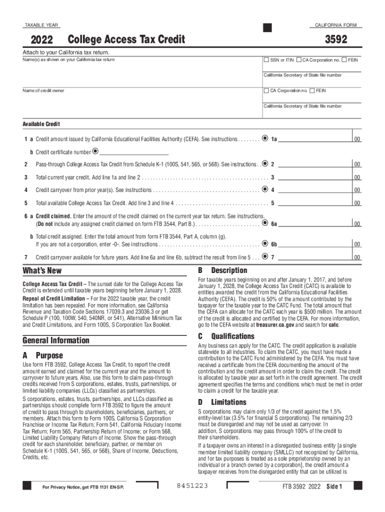 Fillable Online 2022 California Form 3592 College Access Tax Credit