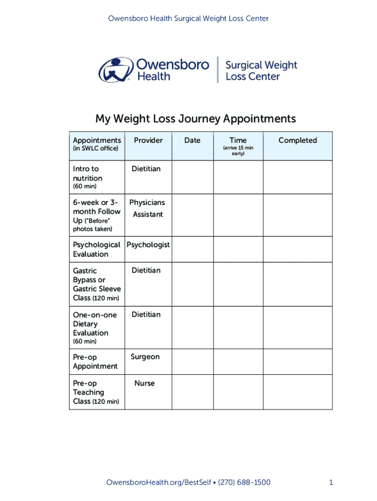 Fillable Online My Weight Loss Journey Appointments Owensboro Health Fax Email Print pdfFiller