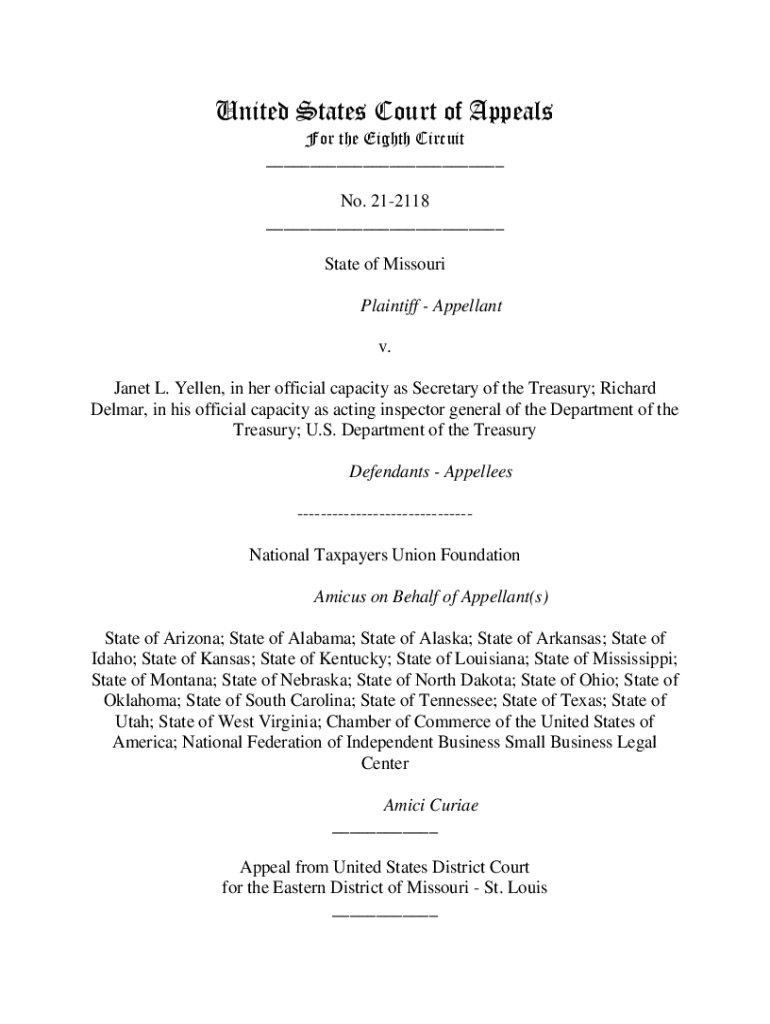Fillable Online ecf ca8 uscourts State of Missouri v. Yellen, et al (021cv02118