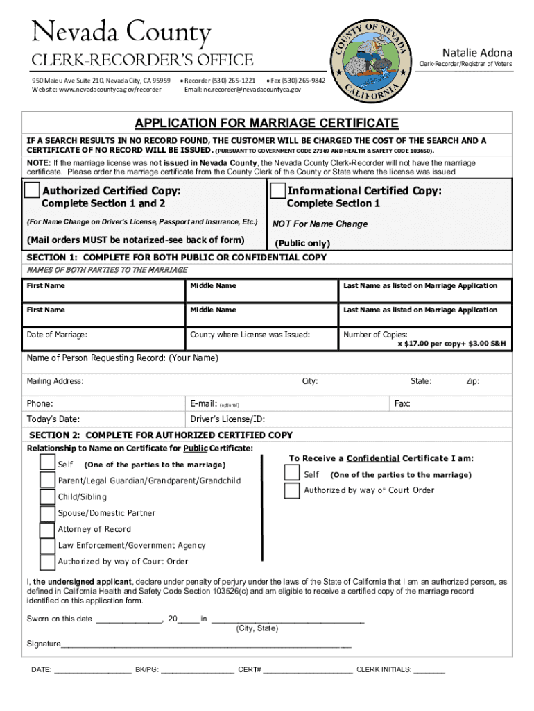 marriage certificate nevada county Preview on Page 1