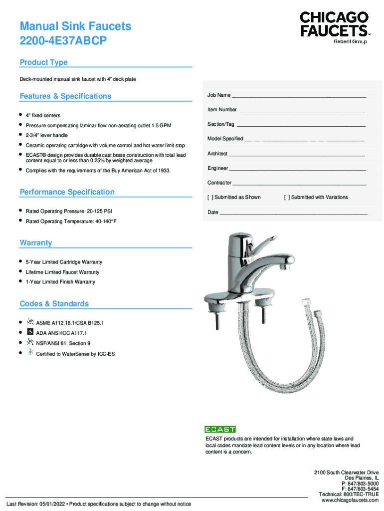 Fillable Online Chicago Faucets 420ABCP DeckMounted Manual Sink