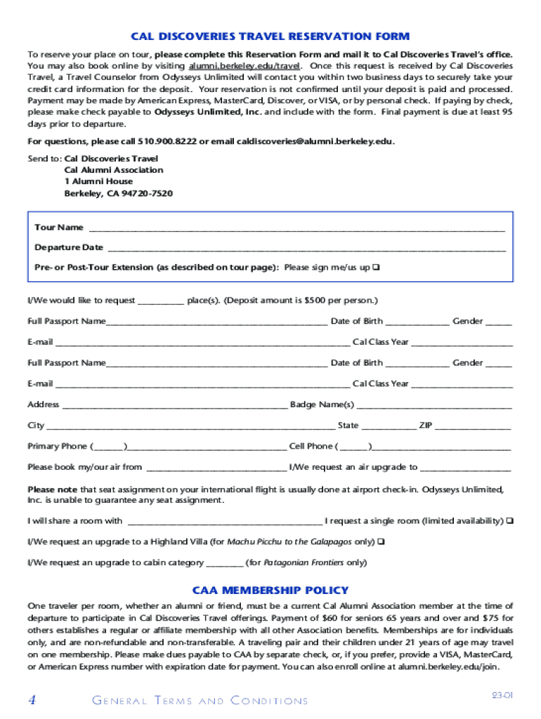 Fillable Online Cal Discoveries Travel Reservation Form Fax Email Print PdfFiller Fillable Online Cal Discoveries Travel Reservation Form Fax Email Print PdfFiller