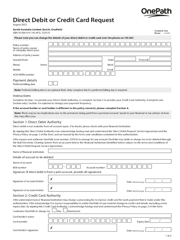 Direct Debit Request Service Agreement - Zurich Preview on Page 1