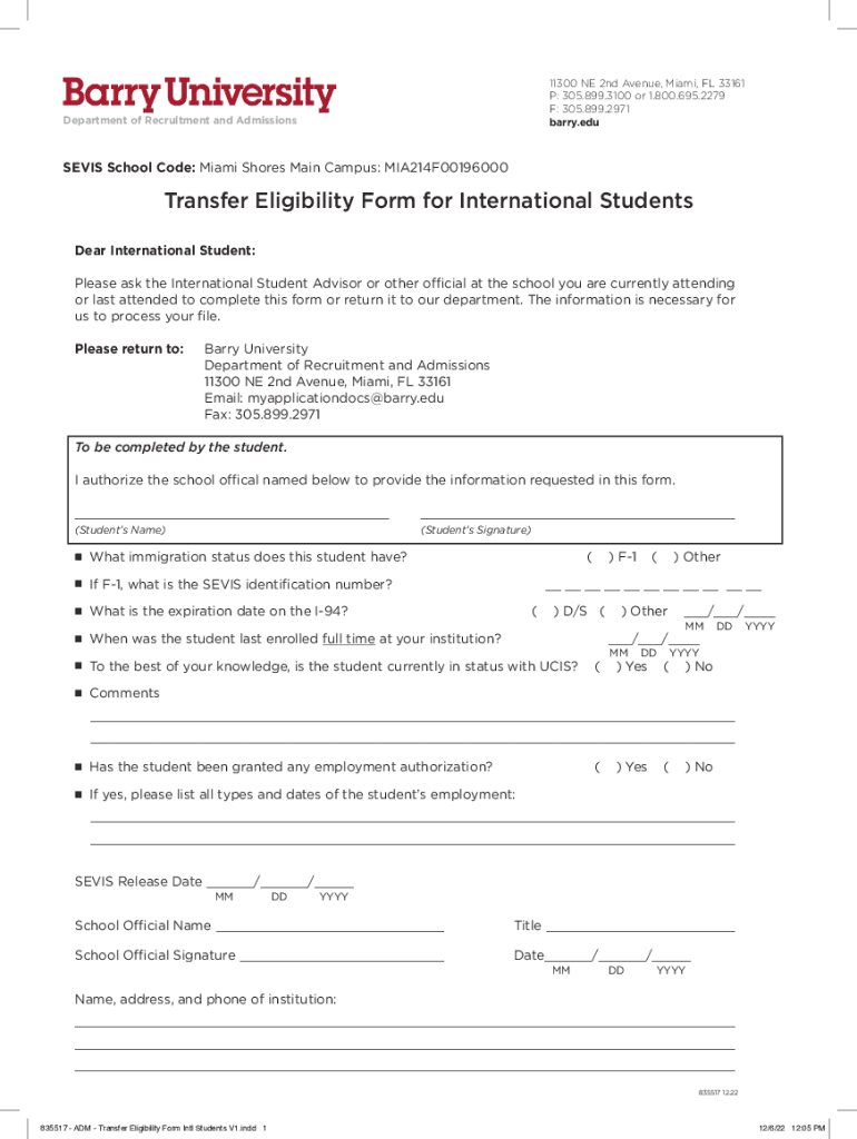 Transfer Eligibility Form for International Students Preview on Page 1