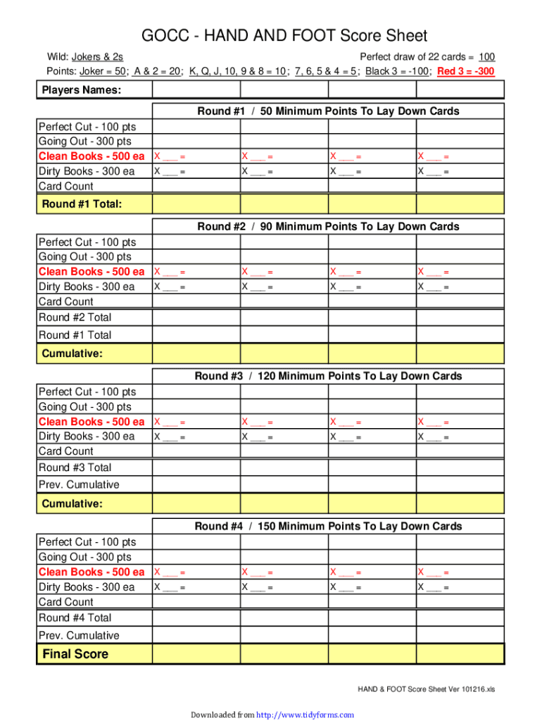 Hand And Foot Score Sheet Fill Out Sign Online DocHub
