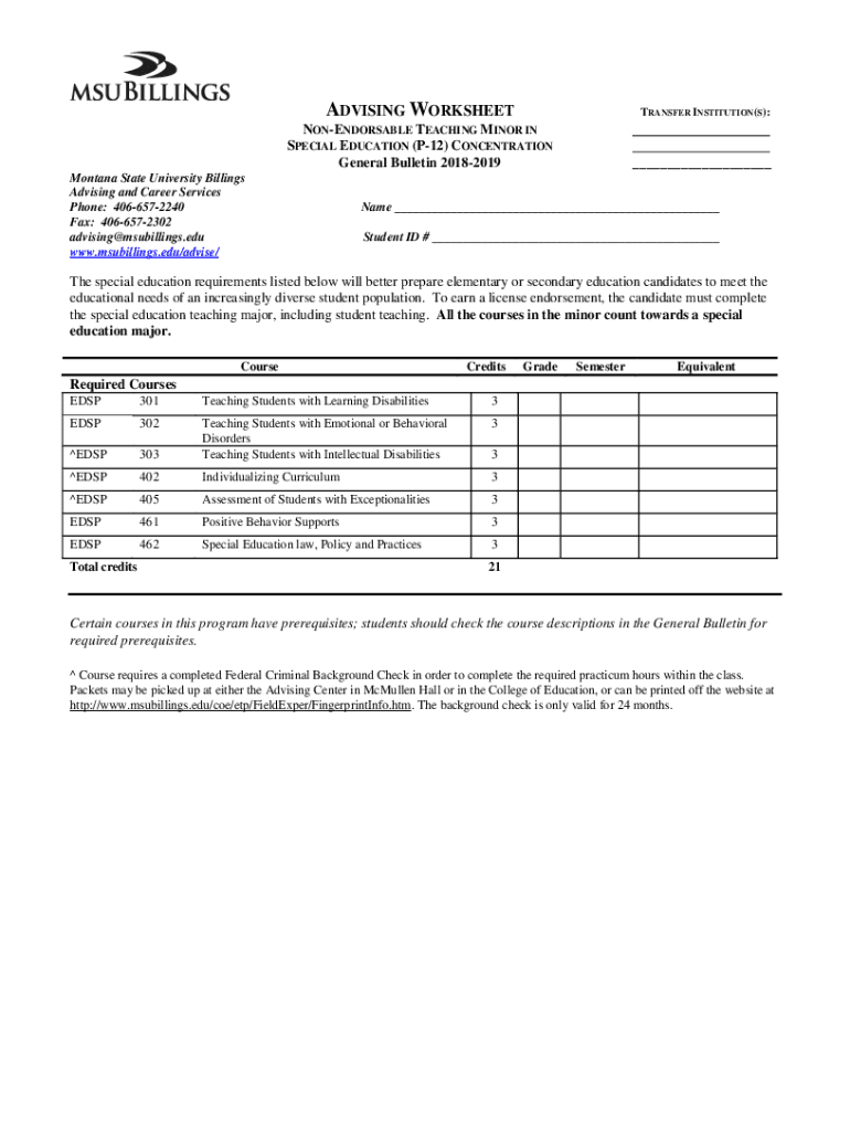 Fillable Online Special Education (P12) Concentration NonEndorsable