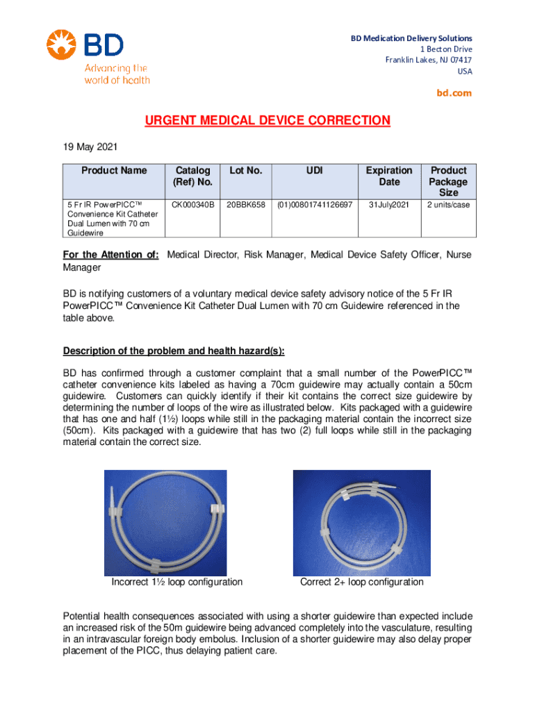 Fillable Online BD Medical 1 Becton Drive Franklin Lakes, NJ 07417 USA