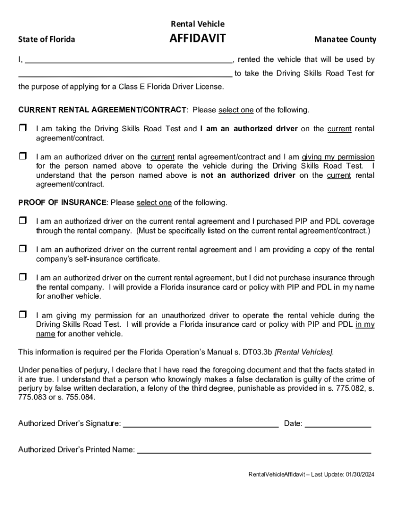 Rental Vehicle Affidavit Preview on Page 1