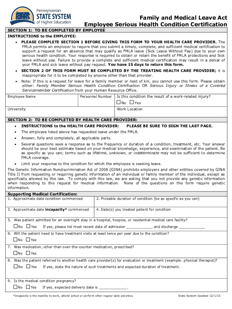 Fillable Online Family and Medical Leave Act Employee Serious Health