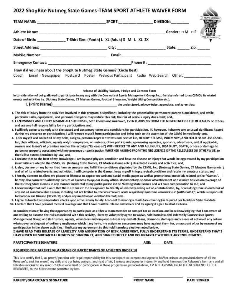 Fillable Online 2022 ShopRite Nutmeg State Games-TEAM SPORT ATHLETE ...