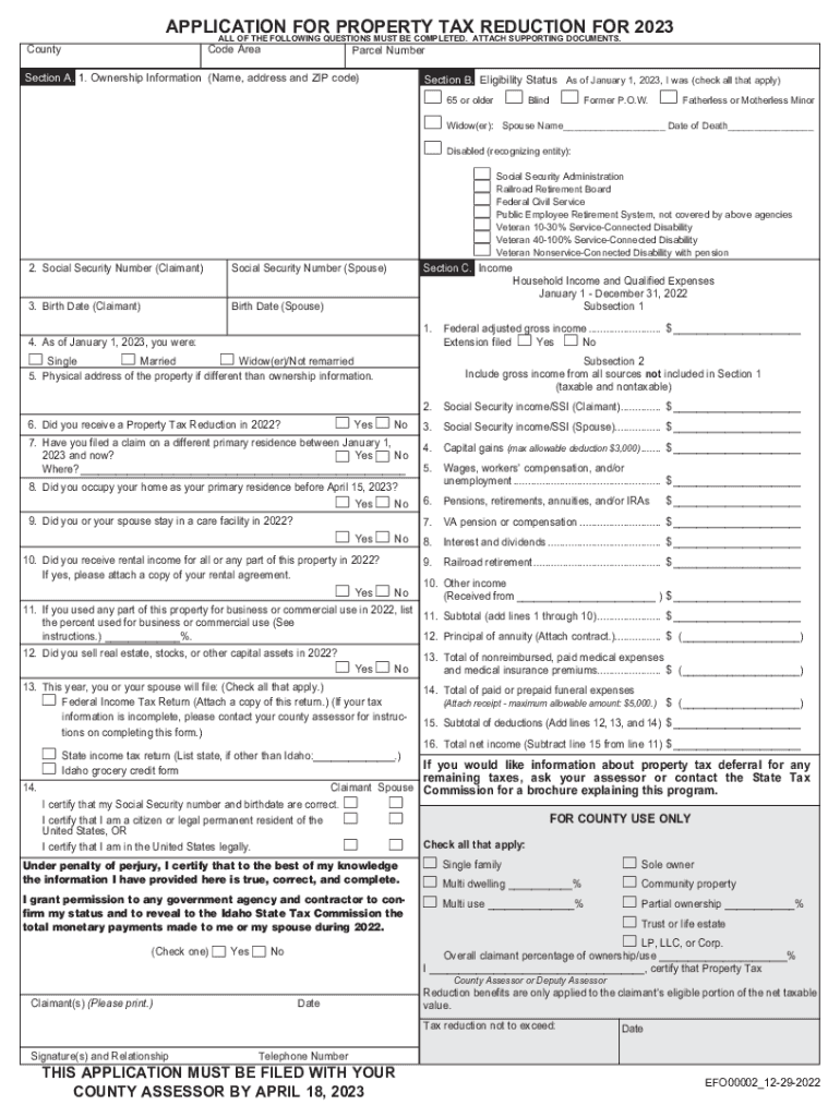 Fillable Online tax idaho APPLICATION FOR PROPERTY TAX REDUCTION FOR