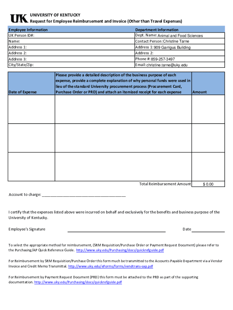 Fillable Online afs ca uky Request for Employee Reimbursement and
