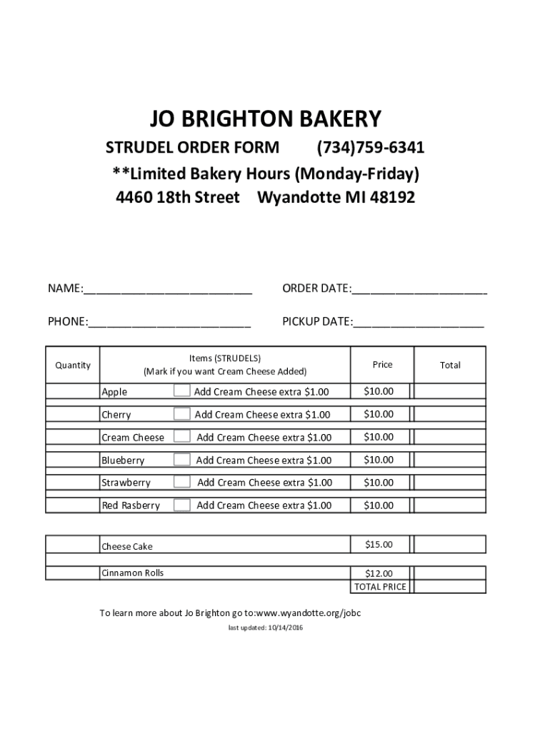 Fillable Online Bakery Order Form Strudels Fax Email Print pdfFiller