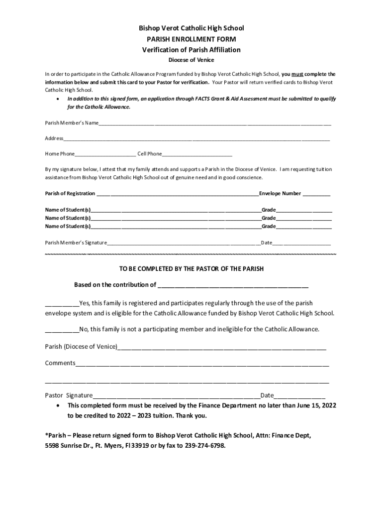 Fillable Online Verot Catholic High School PARISH ENROLLMENT