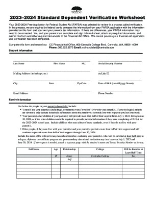 Fillable Online 20232024 Standard Dependent Verification Worksheet Fax ...