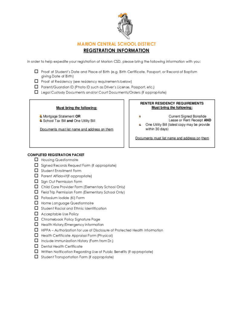 Fillable Online Registration/Enrollment Marion Center Area School