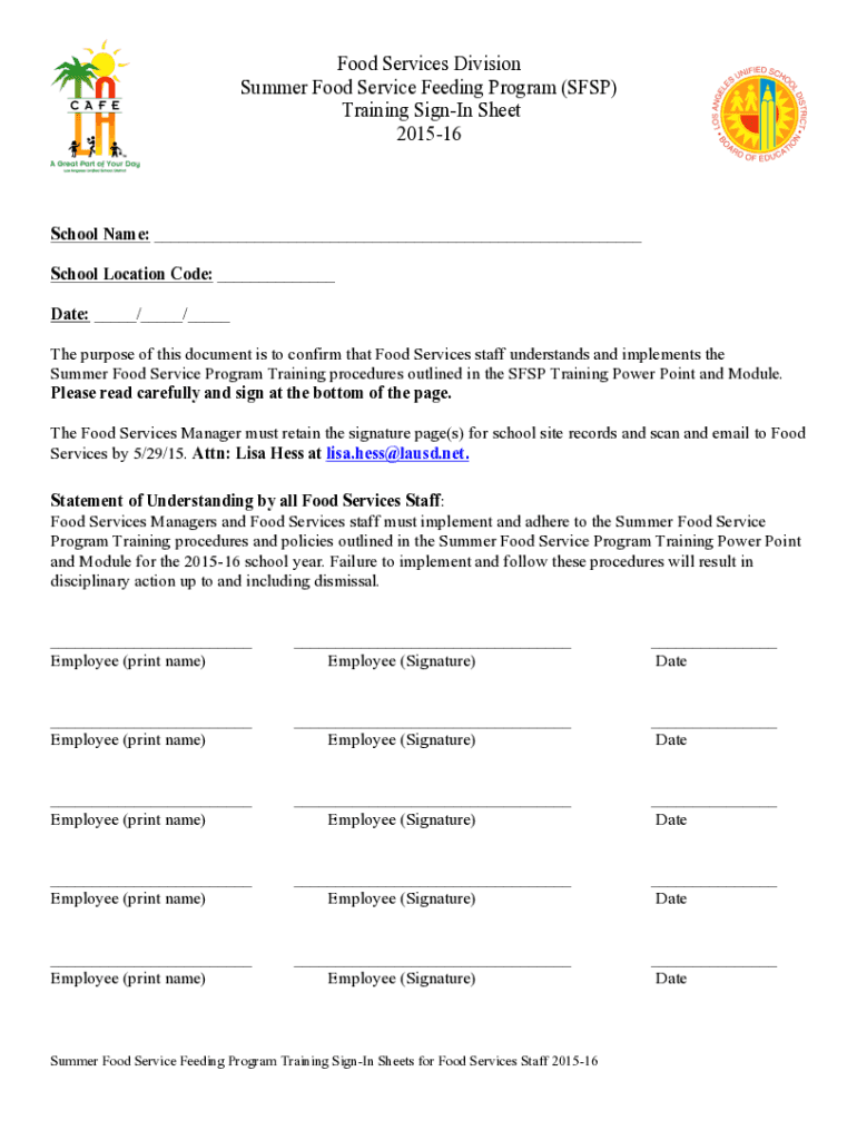Fillable Online SFSP Training Sign-In Sheet 5.12.15.doc Fax Email Print ...