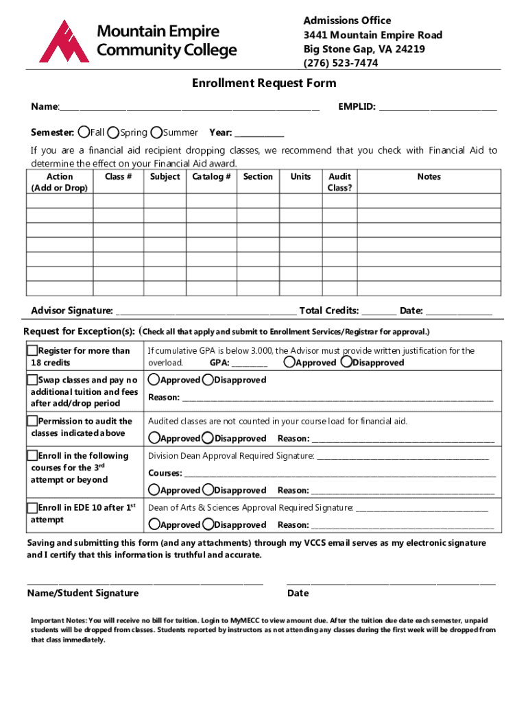 Fillable Online Mountain Empire Community College Transfer and Fax