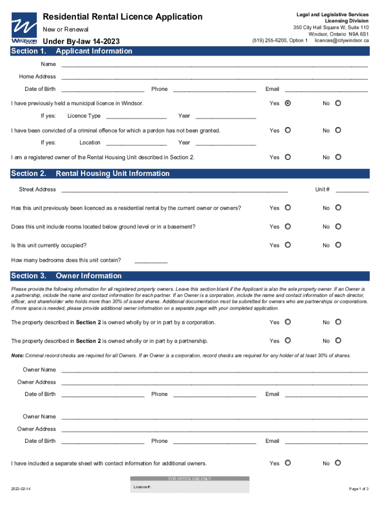 Fillable Online City of Windsor Residential Rental Licence Application ...